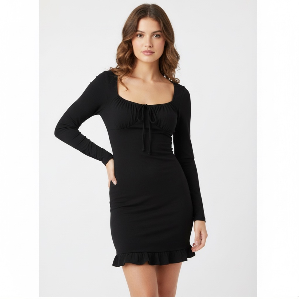 NEW Mango Black Milkmaid Long Sleeve Mini Dress,‎ 4 Ruffle